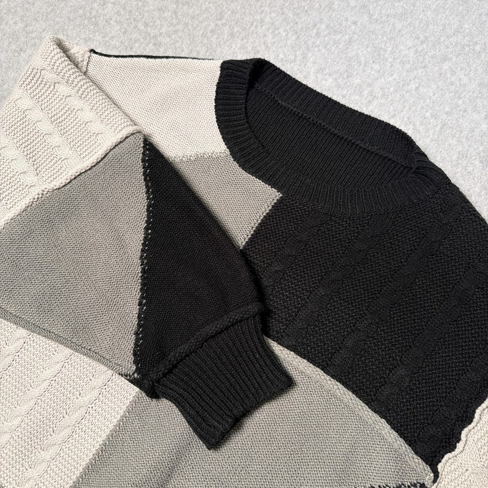 SHEIN Colorblock Patchwork Cable Knit Sweater Black Grey Cream Small